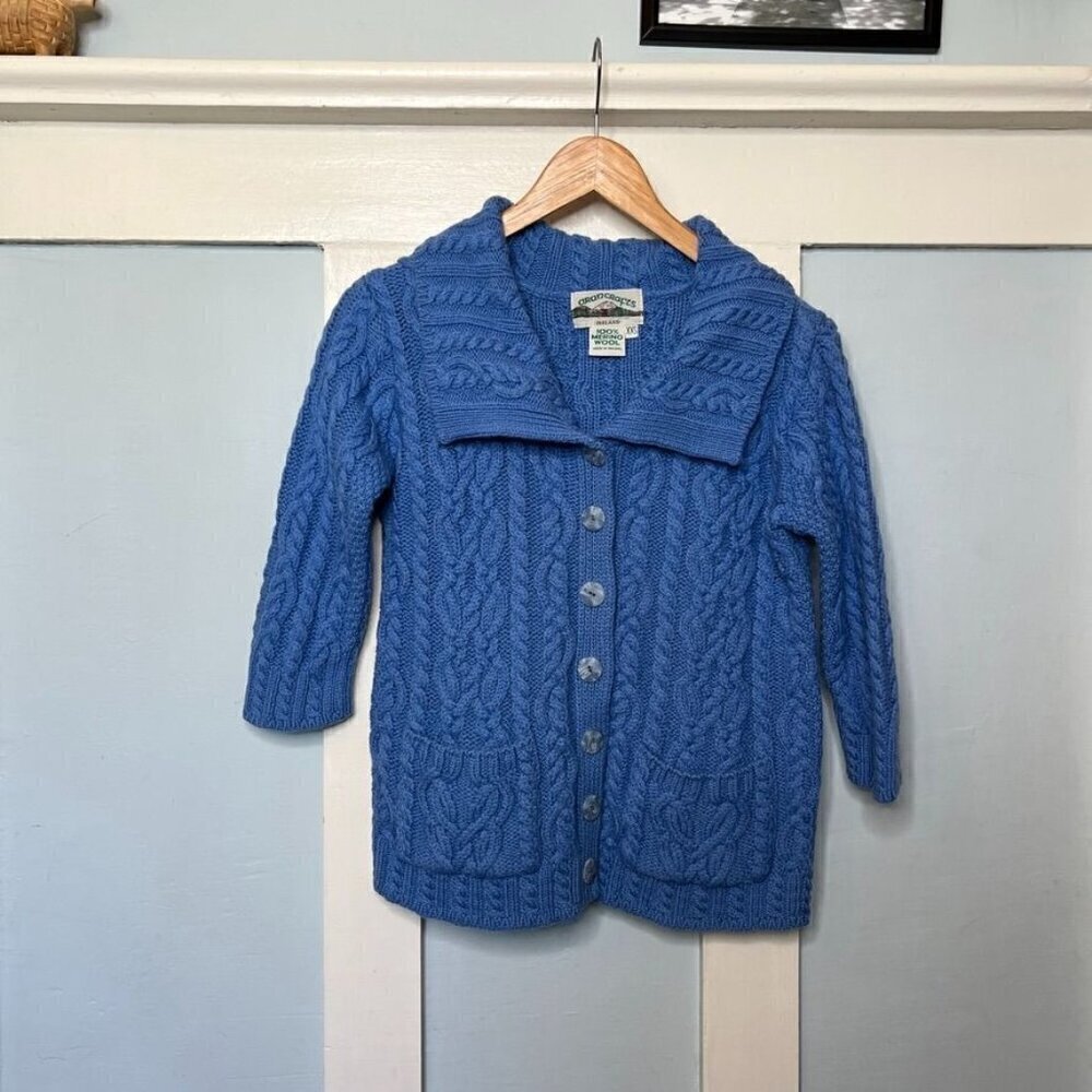 Aran Crafts Blue Chunky Cable Knit Fisherman Cardigan